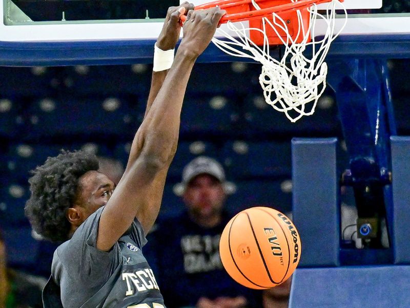 Jan 28, 2025; South Bend, Indiana, USA; Georgia Tech Yellow Jackets forward Ibrahim Souare (30) dunks in the first half against the Notre Dame Fighting Irish at the Purcell Pavilion. Mandatory Credit: Matt Cashore-Imagn Images
