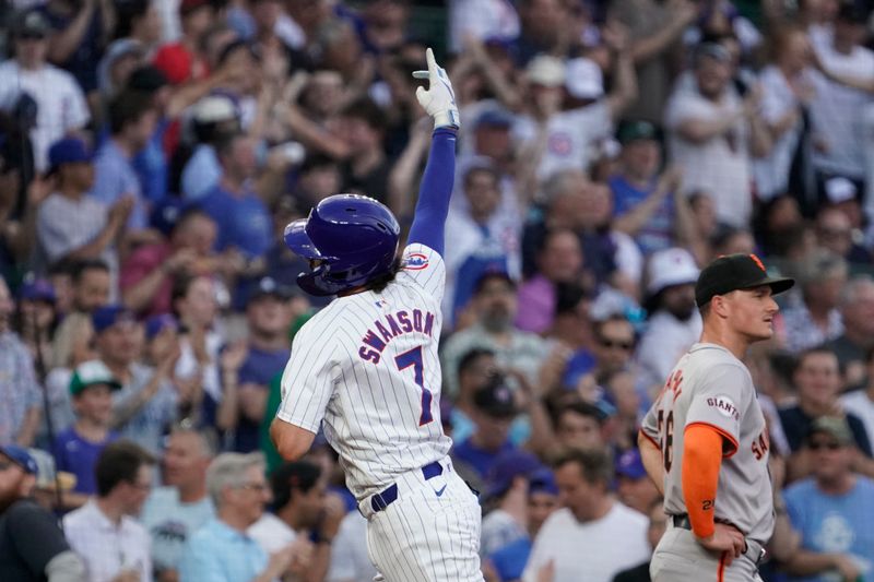 Jun 18, 2024; Chicago, Illinois, USA; Chicago Cubs shortstop Dansby Swanson (7) gestures after hitting a two-run home run against the San Francisco Giants during the second inning at Wrigley Field. Mandatory Credit: David Banks-USA TODAY Sports