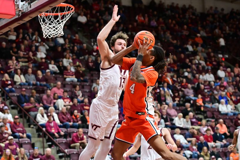 Mar 1, 2025; Blacksburg, Virginia, USA;  Syracuse Orange forward Chris Bell (4) goes up for a shot as Virginia Tech Hokies forward Ben Burnham (13) defends during the first half at Cassell Coliseum. Mandatory Credit: Brian Bishop-Imagn Images