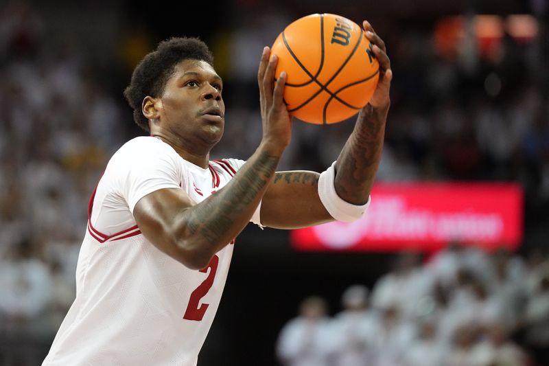 Dec 2, 2023; Madison, Wisconsin, USA;  Wisconsin Badgers guard AJ Storr (2) shoots a free throw against the Marquette Golden Eagles during the second half at the Kohl Center. Mandatory Credit: Kayla Wolf-USA TODAY Sports