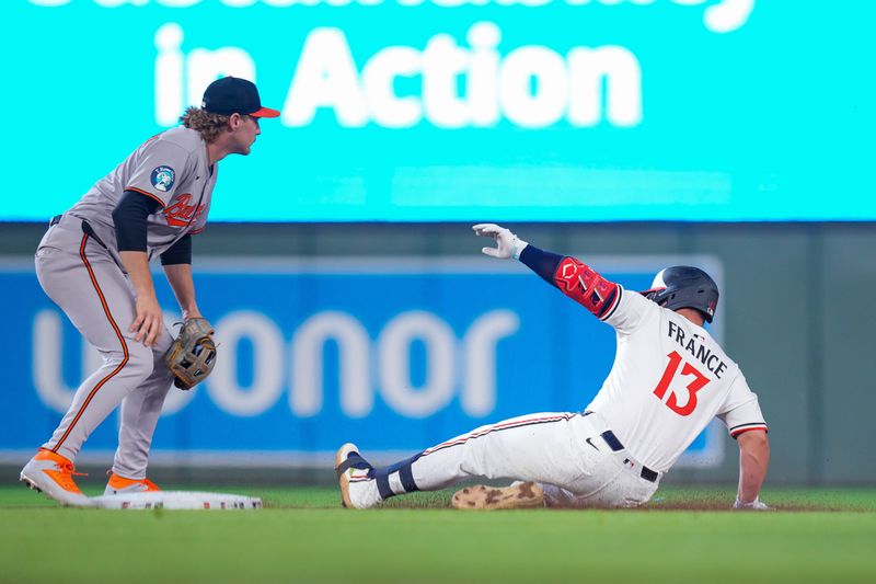 May 6, 2025; Minneapolis, Minnesota, USA; Minnesota Twins first base Ty France (13) slides intp second against the Baltimore Orioles shortstop Gunnar Henderson (2) in the seventh inning at Target Field. Mandatory Credit: Brad Rempel-Imagn Images