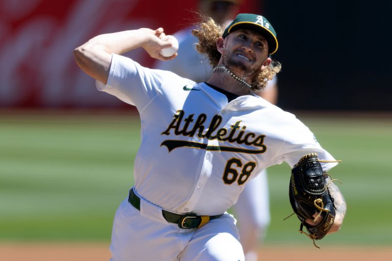 Sep 5, 2024; Oakland, California, USA; Oakland Athletics starting pitcher Joey Estes (68) delivers a pitch against the Seattle Mariners during the first inning at Oakland-Alameda County Coliseum. Mandatory Credit: D. Ross Cameron-Imagn Images