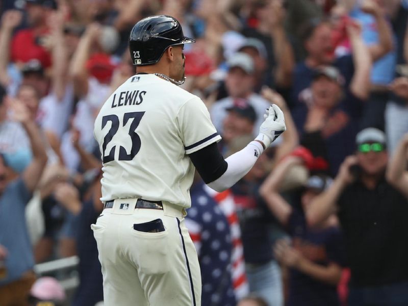 Oct 3, 2023; Minneapolis, Minnesota, USA; Minnesota Twins short stop Royce Lewis (23) reacts after hitting a two-run home run in the first inning against the Toronto Blue Jays during game one of the Wildcard series for the 2023 MLB playoffs at Target Field. Mandatory Credit: Jesse Johnson-USA TODAY Sports