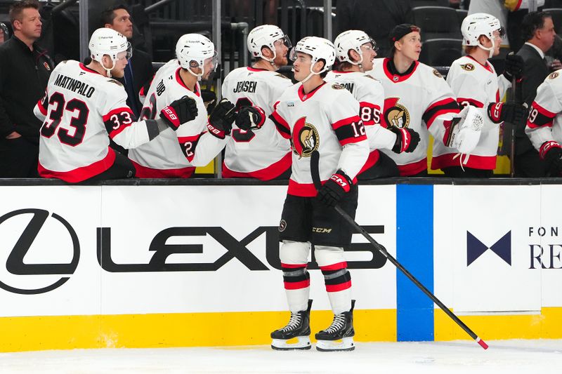 Nov 26, 2025; Las Vegas, Nevada, USA; Ottawa Senators center Shane Pinto (12) celebrates after scoring a goal against the Vegas Golden Knights during the first period at T-Mobile Arena. Mandatory Credit: Stephen R. Sylvanie-Imagn Images