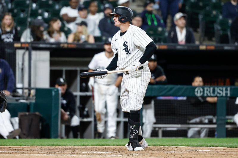 May 27, 2024; Chicago, Illinois, USA; Chicago White Sox first baseman Andrew Vaughn (25) reacts after striking out against the Toronto Blue Jays during the ninth inning at Guaranteed Rate Field. Mandatory Credit: Kamil Krzaczynski-USA TODAY Sports