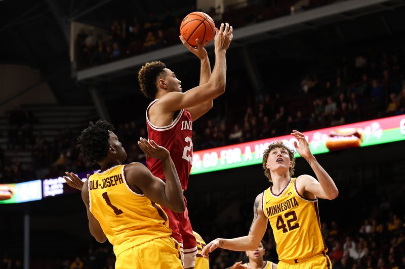 Jan 25, 2023; Minneapolis, Minnesota, USA; Indiana Hoosiers forward Trayce Jackson-Davis (23) shoots against the Minnesota Golden Gophers during the second half at Williams Arena. Mandatory Credit: Matt Krohn-USA TODAY Sports