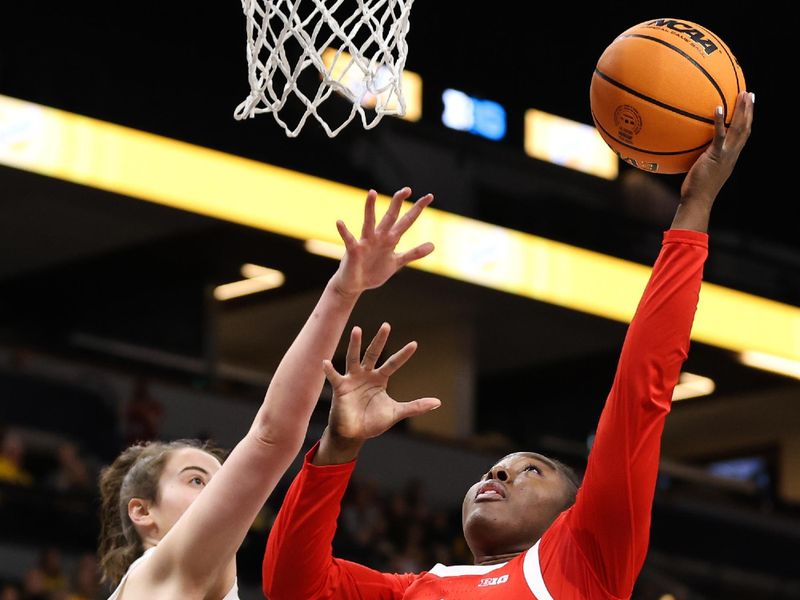 Mar 4, 2023; Minneapolis, MINN, USA; Ohio State Buckeyes forward Eboni Walker (22) shoots while Indiana Hoosiers forward Mackenzie Holmes (54) defends during the first half at Target Center. Mandatory Credit: Matt Krohn-USA TODAY Sports