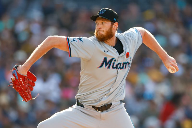 May 27, 2024; San Diego, California, USA; Miami Marlins relief pitcher A.J. Puk (35) throws a pitch during the seventh inning San Diego Padres at Petco Park. Mandatory Credit: David Frerker-USA TODAY Sports