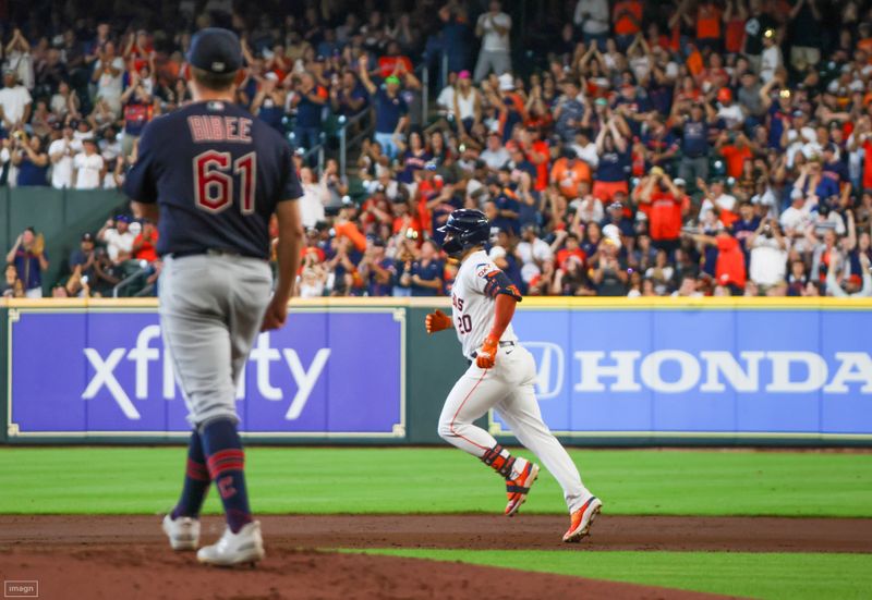 Aug 2, 2023; Houston, Texas, USA; Houston Astros center fielder Chas McCormick (20) rounds the bases after hitting a two run home run against Cleveland Guardians starting pitcher Tanner Bibee (61) in the second inning  at Minute Maid Park. Mandatory Credit: Thomas Shea-USA TODAY Sports