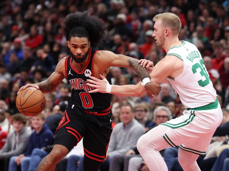 CHICAGO, ILLINOIS - NOVEMBER 29: Coby White #0 of the Chicago Bulls drives to the basket against Sam Hauser #30 of the Boston Celtics during the third quarter of the Emirates NBA Cup game at the United Center on November 29, 2024 in Chicago, Illinois. NOTE TO USER: User expressly acknowledges and agrees that, by downloading and or using this photograph, User is consenting to the terms and conditions of the Getty Images License Agreement.  (Photo by Luke Hales/Getty Images)