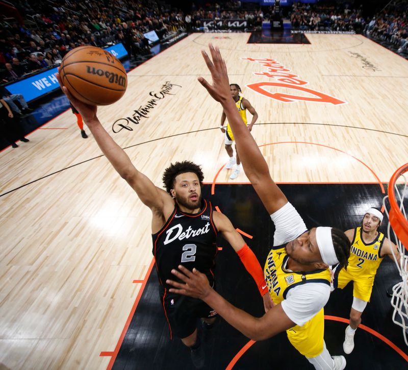 DETROIT, MI - MARCH 20: Cade Cunningham #2 of the Detroit Pistons drives to the basket during the game against the Indiana Pacers on March 20, 2024 at Little Caesars Arena in Detroit, Michigan. NOTE TO USER: User expressly acknowledges and agrees that, by downloading and/or using this photograph, User is consenting to the terms and conditions of the Getty Images License Agreement. Mandatory Copyright Notice: Copyright 2024 NBAE (Photo by Brian Sevald/NBAE via Getty Images)