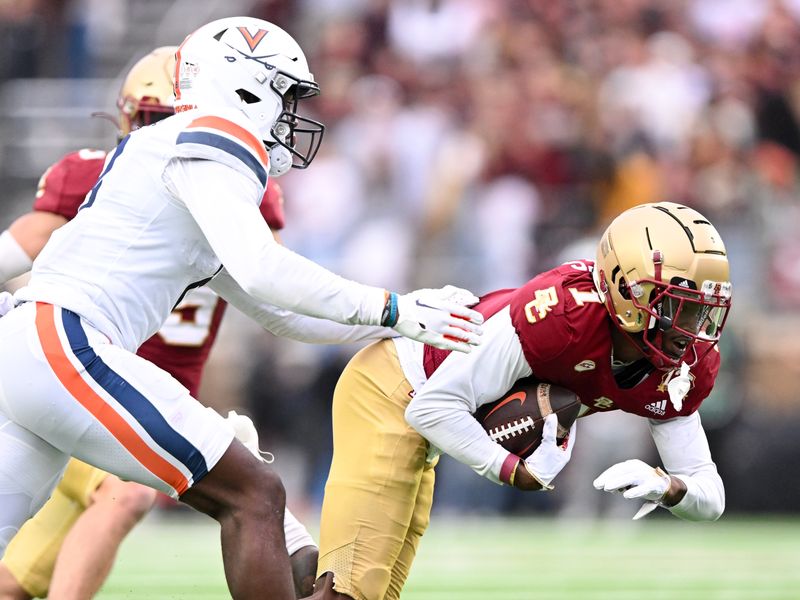 Sep 30, 2023; Chestnut Hill, Massachusetts, USA; Boston College Eagles defensive back Elijah Jones (1) makes an interception during the second half of a game against the Virginia Cavaliers at Alumni Stadium. Mandatory Credit: Brian Fluharty-USA TODAY Sports