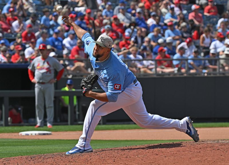 May 18, 2025; Kansas City, Missouri, USA;  Kansas City Royals relief pitcher Carlos Estevez (53) throws a pitch in the ninth inning against the St. Louis Cardinals at Kauffman Stadium. Mandatory Credit: Peter Aiken-Imagn Images