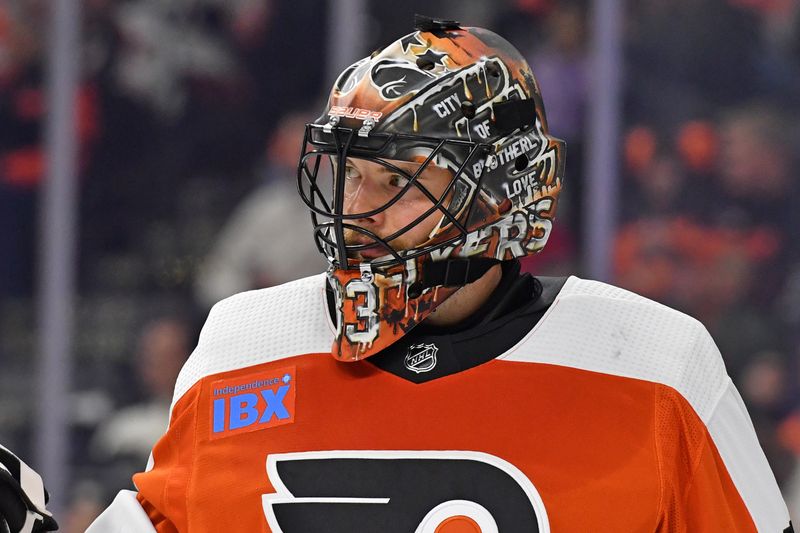 Feb 27, 2024; Philadelphia, Pennsylvania, USA; Philadelphia Flyers goaltender Samuel Ersson (33) against the Tampa Bay Lightning during the second period at Wells Fargo Center. Mandatory Credit: Eric Hartline-USA TODAY Sports