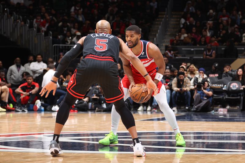 WASHINGTON, DC -? JANUARY 1: Jared Butler #4 of the Washington Wizards dribbles the ball during the game against the Chicago Bulls  on January 1, 2025 at Capital One Arena in Washington, DC. NOTE TO USER: User expressly acknowledges and agrees that, by downloading and or using this Photograph, user is consenting to the terms and conditions of the Getty Images License Agreement. Mandatory Copyright Notice: Copyright 2025 NBAE (Photo by Kenny Giarla/NBAE via Getty Images)