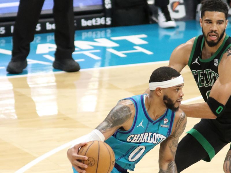 CHARLOTTE, NC - APRIL 1: Miles Bridges #0 of the Charlotte Hornets drives to the basket during the game against the Boston Celtics on April 1, 2024 at Spectrum Center in Charlotte, North Carolina. NOTE TO USER: User expressly acknowledges and agrees that, by downloading and or using this photograph, User is consenting to the terms and conditions of the Getty Images License Agreement.  Mandatory Copyright Notice:  Copyright 2024 NBAE (Photo by Brock Williams-Smith/NBAE via Getty Images)