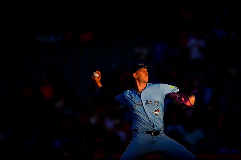 Aug 12, 2024; Anaheim, California, USA; Toronto Blue Jays pitcher Bowden Francis (44) throws against the Los Angeles Angels during the first inning at Angel Stadium. Mandatory Credit: Gary A. Vasquez-USA TODAY Sports