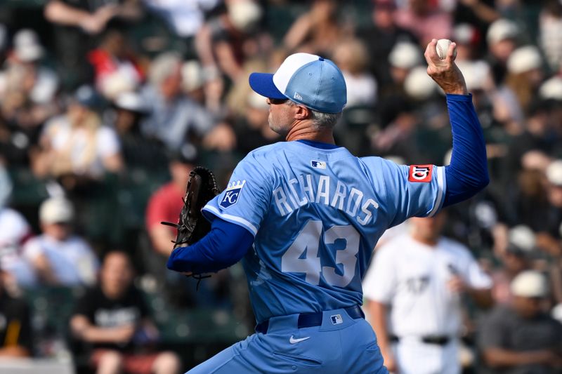 Jun 7, 2025; Chicago, Illinois, USA;  Kansas City Royals pitcher Trevor Richards (43) delivers against the Chicago White Sox during the eighth inning at Rate Field. Mandatory Credit: Matt Marton-Imagn Images