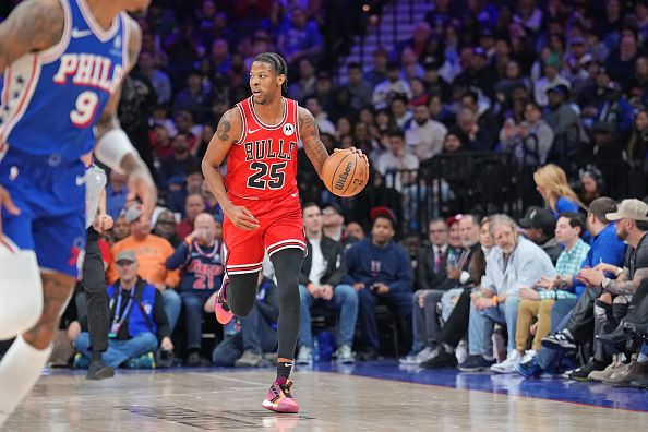 PHILADELPHIA, PA - JANUARY 2: Dalen Terry #25 of the Chicago Bulls dribbles the ball during the game against the Philadelphia 76ers on January 2, 2024 at the Wells Fargo Center in Philadelphia, Pennsylvania NOTE TO USER: User expressly acknowledges and agrees that, by downloading and/or using this Photograph, user is consenting to the terms and conditions of the Getty Images License Agreement. Mandatory Copyright Notice: Copyright 2023 NBAE (Photo by Jesse D. Garrabrant/NBAE via Getty Images)