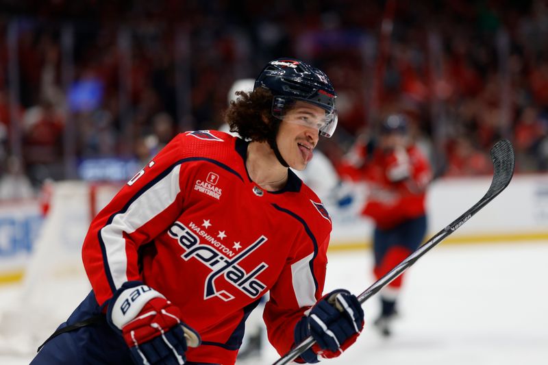 Apr 13, 2024; Washington, District of Columbia, USA; Washington Capitals left wing Sonny Milano (15) celebrates after scoring a goal against the Tampa Bay Lightning in the first period at Capital One Arena. Mandatory Credit: Geoff Burke-USA TODAY Sports