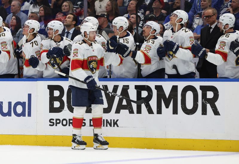 Apr 30, 2025; Tampa, Florida, USA; Florida Panthers center Carter Verhaeghe (23) is congratulated  after he scored a goal against the Tampa Bay Lightning during the first period of game five of the first round of the 2025 Stanley Cup Playoffs at Amalie Arena. Mandatory Credit: Kim Klement Neitzel-Imagn Images