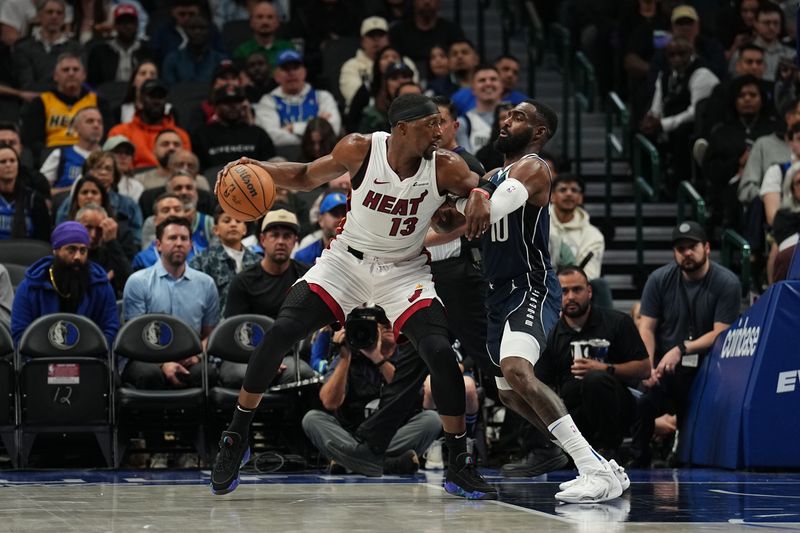 DALLAS, TX - MARCH 7: Bam Adebayo #13 of the Miami Heat dribbles the ball during the game against the Dallas Mavericks on March 7, 2024 at the American Airlines Center in Dallas, Texas. NOTE TO USER: User expressly acknowledges and agrees that, by downloading and or using this photograph, User is consenting to the terms and conditions of the Getty Images License Agreement. Mandatory Copyright Notice: Copyright 2024 NBAE (Photo by Glenn James/NBAE via Getty Images)