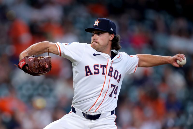 Jun 26, 2024; Houston, Texas, USA; Houston Astros relief pitcher Bryan King (74) delivers against the Colorado Rockies during the ninth inning at Minute Maid Park. Mandatory Credit: Erik Williams-USA TODAY Sports