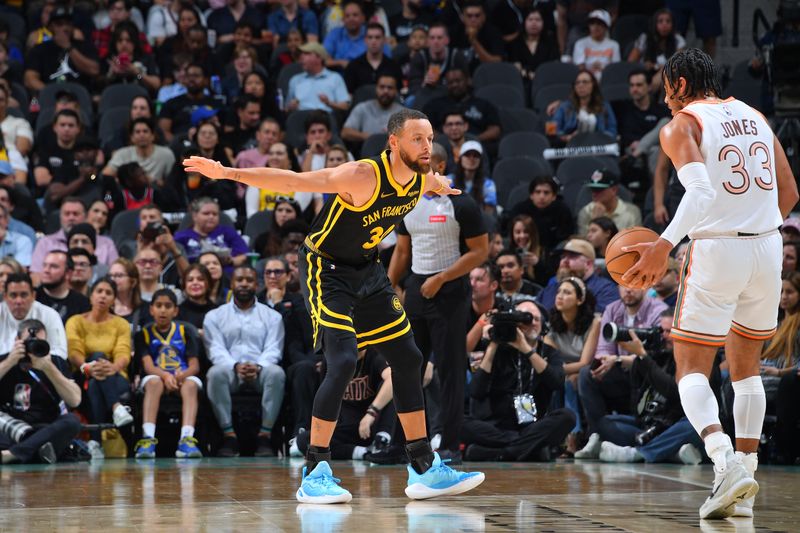 SAN ANTONIO, TX - MARCH 31: Stephen Curry #30 of the Golden State Warriors plays defense against the San Antonio Spurs on March 31, 2024 at the Frost Bank Center in San Antonio, Texas. NOTE TO USER: User expressly acknowledges and agrees that, by downloading and or using this photograph, user is consenting to the terms and conditions of the Getty Images License Agreement. Mandatory Copyright Notice: Copyright 2024 NBAE (Photos by Michael Gonzales/NBAE via Getty Images)