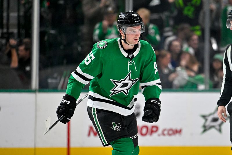 Dec 21, 2023; Dallas, Texas, USA; Dallas Stars defenseman Thomas Harley (55) skates off the ice after he scores the game tying goal against the Vancouver Canucks during the third period at the American Airlines Center. Mandatory Credit: Jerome Miron-USA TODAY Sports