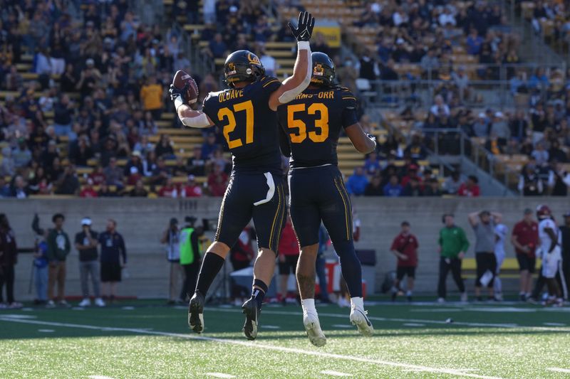 Nov 11, 2023; Berkeley, California, USA; California Golden Bears linebacker Cade Uluave (27) celebrates with linebacker Kaleb Elarms-Orr (53) after recovering a fumble against the Washington State Cougars during the second quarter at California Memorial Stadium. Mandatory Credit: Darren Yamashita-USA TODAY Sports 