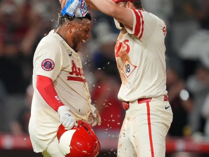 Jul 12, 2024; Anaheim, California, USA; Los Angeles Angels designated hitter Willie Calhoun (5) celebrates with first baseman Nolan Schanuel (18) after hitting a two-run walkoff home run in the tenth inning against the Seattle Mariners at Angel Stadium. Mandatory Credit: Kirby Lee-USA TODAY Sports