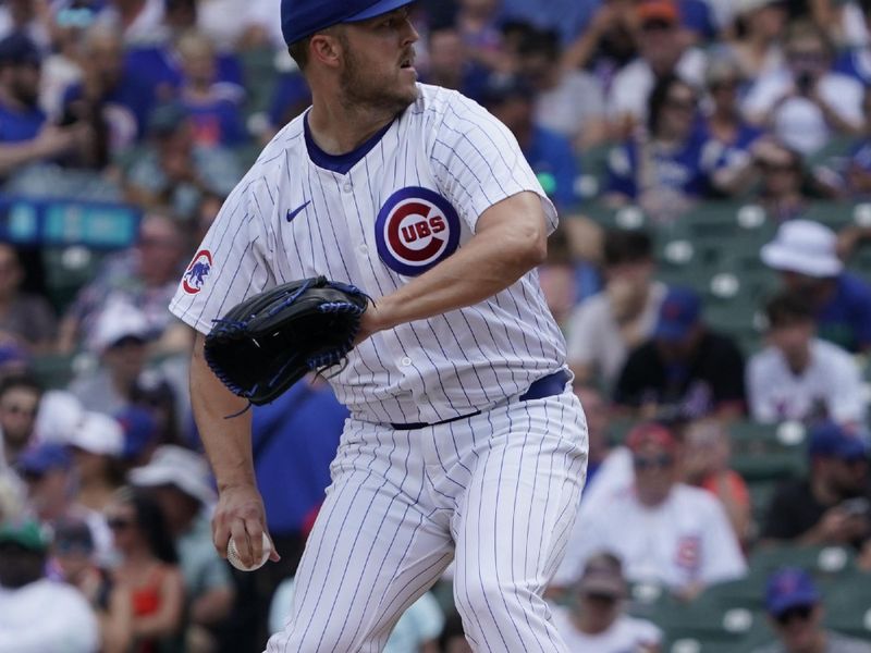 Jun 22, 2024; Chicago, Illinois, USA; Chicago Cubs pitcher Jameson Taillon (50) throws the ball against the New York Mets during the first inning at Wrigley Field. Mandatory Credit: David Banks-USA TODAY Sports