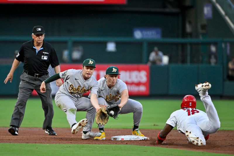 Aug 14, 2023; St. Louis, Missouri, USA;  Oakland Athletics second baseman Zack Gelof (20) and shortstop Nick Allen (2) cover second base as St. Louis Cardinals right fielder Jordan Walker (18) steals during the second inning at Busch Stadium. Mandatory Credit: Jeff Curry-USA TODAY Sports