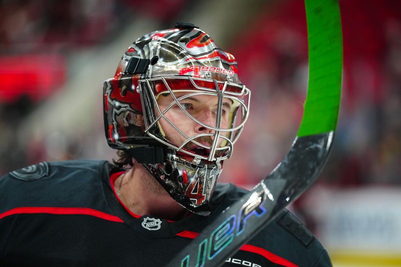 Nov 25, 2024; Raleigh, North Carolina, USA;  Carolina Hurricanes goaltender Spencer Martin (41) looks on during the warmups before the game against the Dallas Stars at Lenovo Center. Mandatory Credit: James Guillory-Imagn Images