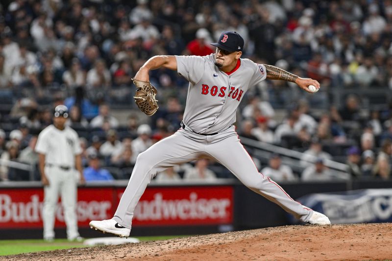 Jun 8, 2025; Bronx, New York, USA; Boston Red Sox pitcher Brennan Bernardino (83) pitches against the New York Yankees during the sixth inning at Yankee Stadium. Mandatory Credit: John Jones-Imagn Images