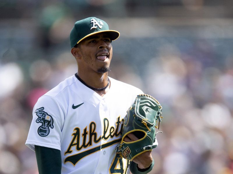 Sep 16, 2023; Oakland, California, USA; Oakland Athletics pitcher Luis Medina (46) walks off the field after retiring the San Diego Padres in order during the second inning at Oakland-Alameda County Coliseum. Mandatory Credit: D. Ross Cameron-USA TODAY Sports