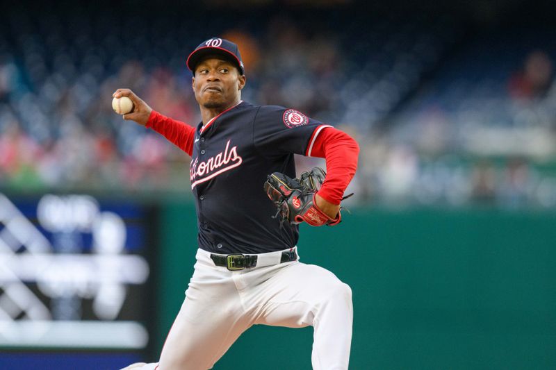 Apr 4, 2024; Washington, District of Columbia, USA; Washington Nationals starting pitcher Josiah Gray (40) throws a pitch during the third inning against the Pittsburgh Pirates at Nationals Park. Mandatory Credit: Reggie Hildred-USA TODAY Sports