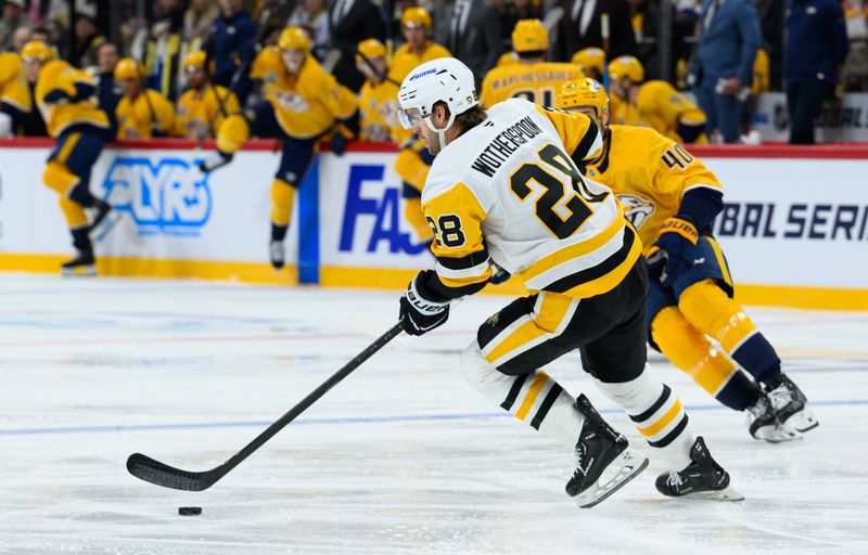 Nov 14, 2025; Stockholm, SWEDEN; Pittsburgh Penguins defenseman Parker Wotherspoon (28) in action against the Nashville Predators in a Global Series ice hockey game at Avicii Arena. Mandatory Credit: Per Haljestam-Imagn Images