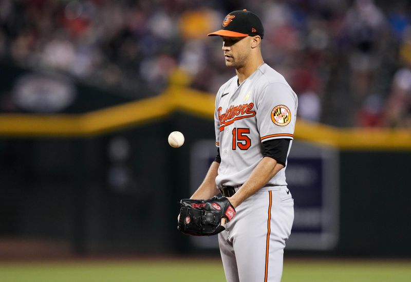 Sep 3, 2023; Phoenix, Arizona, USA; Baltimore Orioles starting pitcher Jack Flaherty (15) against the Arizona Diamondbacks at Chase Field. Mandatory Credit: Joe Camporeale-USA TODAY Sports