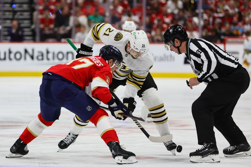 May 6, 2024; Sunrise, Florida, USA; Boston Bruins left wing James van Riemsdyk (21) and Florida Panthers center Evan Rodrigues (17) face-off during the first period in game one of the second round of the 2024 Stanley Cup Playoffs at Amerant Bank Arena. Mandatory Credit: Sam Navarro-USA TODAY Sports