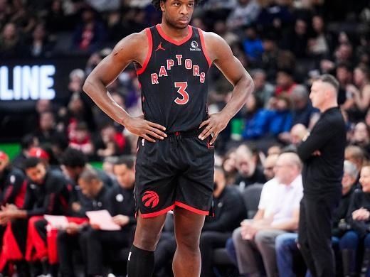 TORONTO, ON - DECEMBER 23: OG Anunoby #3 of the Toronto Raptors looks on against the Utah Jazz during the first half of their basketball game at the Scotiabank Arena on December 23, 2023 in Toronto, Ontario, Canada. NOTE TO USER: User expressly acknowledges and agrees that, by downloading and/or using this Photograph, user is consenting to the terms and conditions of the Getty Images License Agreement. (Photo by Mark Blinch/Getty Images)