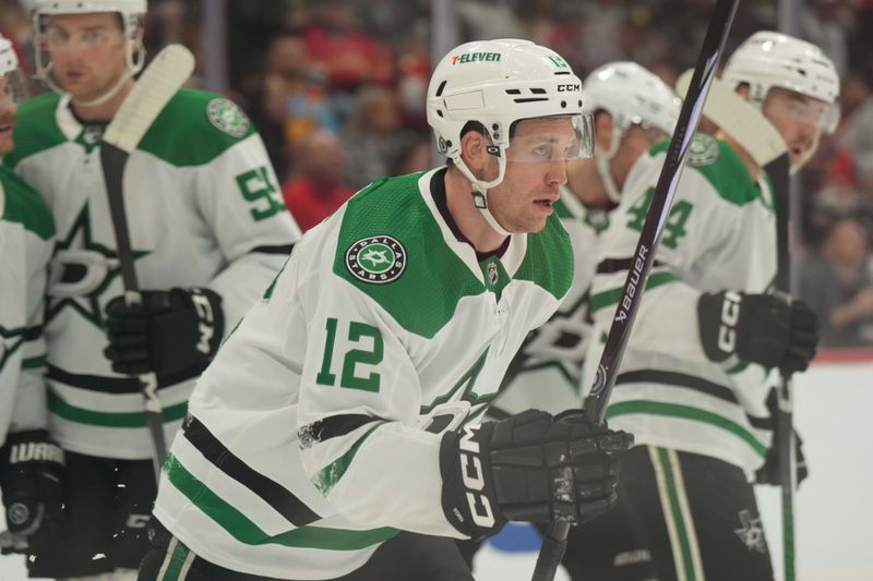 Dec 6, 2023; Sunrise, Florida, USA; Dallas Stars center Radek Faksa (12) skates toward the bench after scoring a goal against the Florida Panthers during the first period at Amerant Bank Arena. Mandatory Credit: Jim Rassol-USA TODAY Sports