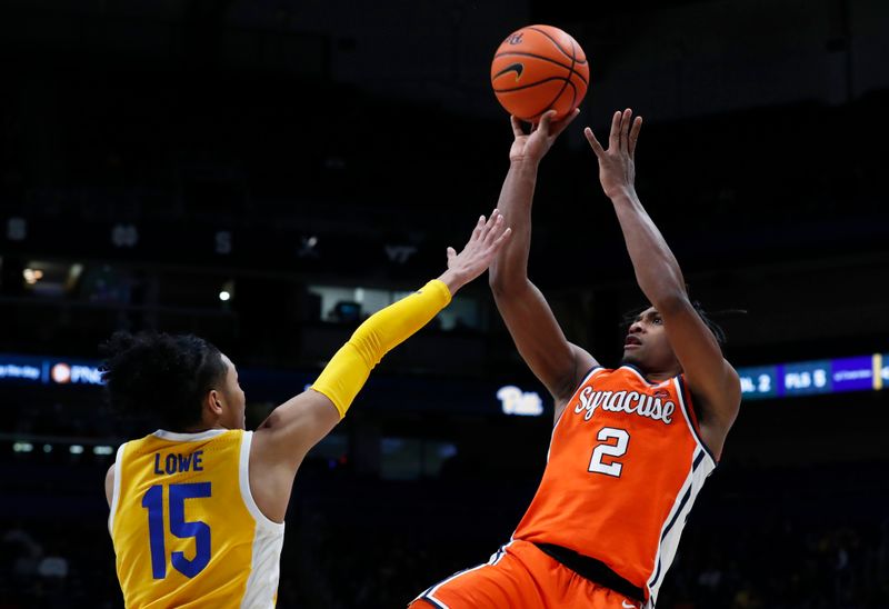 Jan 16, 2024; Pittsburgh, Pennsylvania, USA; Syracuse Orange guard JJ Starling (2) shoots over Pittsburgh Panthers guard Jaland Lowe (15) during the second half at the Petersen Events Center. Syracuse won 69-58. Mandatory Credit: Charles LeClaire-USA TODAY Sports