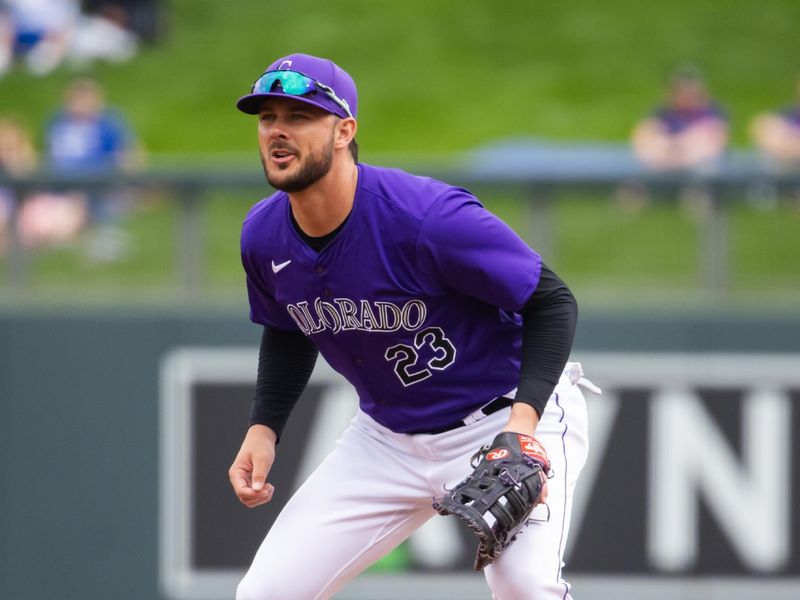 Feb 26, 2024; Salt River Pima-Maricopa, Arizona, USA; Colorado Rockies first baseman Kris Bryant against the Los Angeles Dodgers during a spring training game at Salt River Fields at Talking Stick. Mandatory Credit: Mark J. Rebilas-USA TODAY Sports