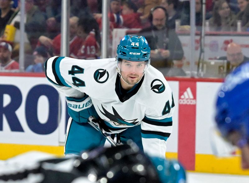 Jan 11, 2024; Montreal, Quebec, CAN; San Jose Sharks defenseman Marc-Edouard Vlasic (44) prepares for a face off against the Montreal Canadiens during the second period at the Bell Centre. Mandatory Credit: Eric Bolte-USA TODAY Sports