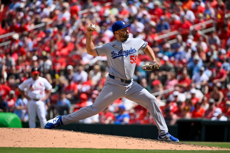 Jun 8, 2025; St. Louis, Missouri, USA;  Los Angeles Dodgers relief pitcher Lou Trivino (58) pitches against the St. Louis Cardinals during the sixth inning at Busch Stadium. Mandatory Credit: Jeff Curry-Imagn Images