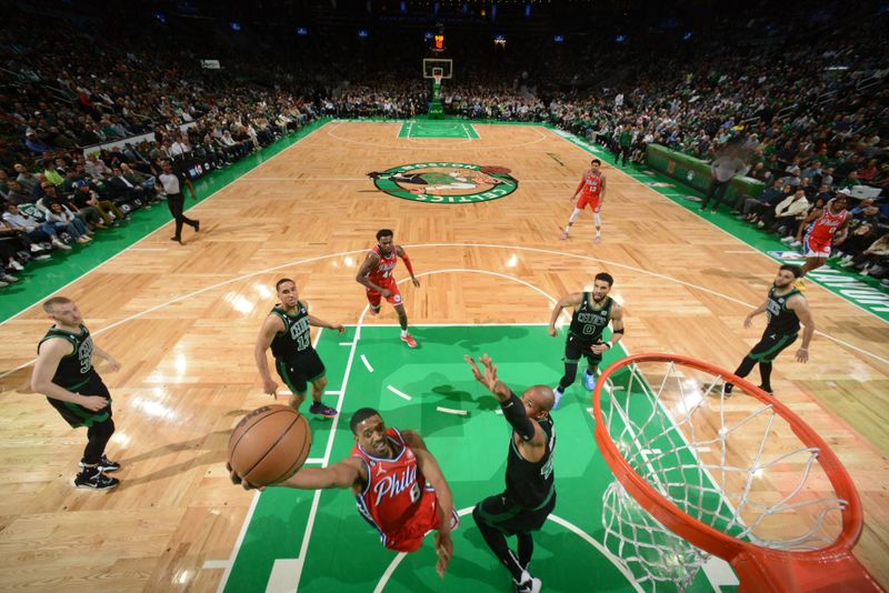 BOSTON, MA - MAY 1: De'Anthony Melton #8 of the Philadelphia 76ers shoots the ball during Round Two Game One of the 2023 NBA Playoffs on May 1, 2023 at the TD Garden in Boston, Massachusetts. NOTE TO USER: User expressly acknowledges and agrees that, by downloading and or using this photograph, User is consenting to the terms and conditions of the Getty Images License Agreement. Mandatory Copyright Notice: Copyright 2023 NBAE  (Photo by Brian Babineau/NBAE via Getty Images)