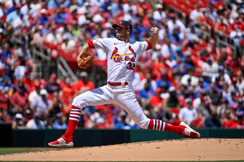 Jul 30, 2023; St. Louis, Missouri, USA;  St. Louis Cardinals starting pitcher Steven Matz (32) pitches against the Chicago Cubs during the second inning at Busch Stadium. Mandatory Credit: Jeff Curry-USA TODAY Sports