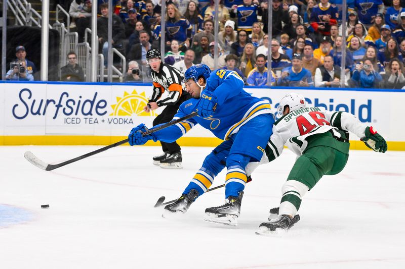 Oct 9, 2025; St. Louis, Missouri, USA; St. Louis Blues right wing Jordan Kyrou (25) shoots against Minnesota Wild defenseman Jared Spurgeon (46) during the second period at Enterprise Center. Mandatory Credit: Jeff Curry-Imagn Images
