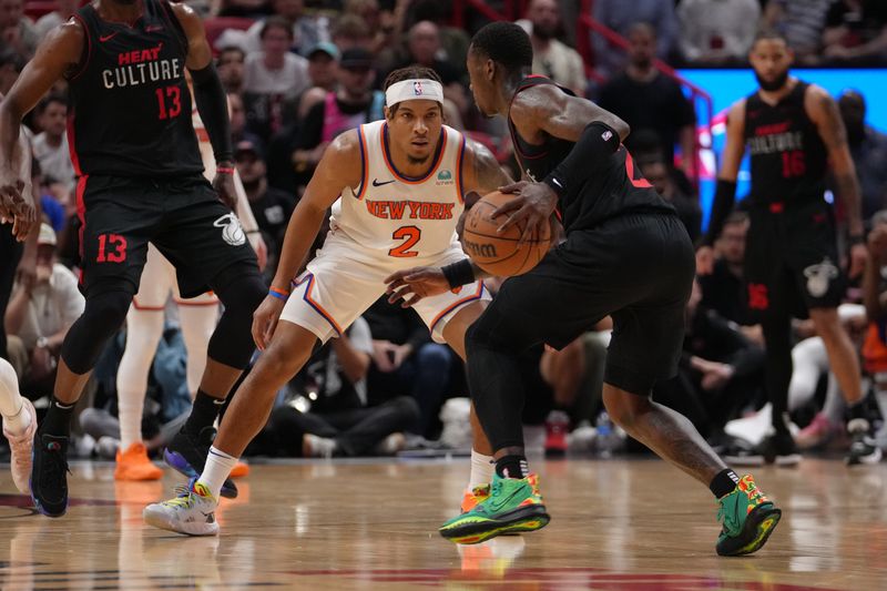 MIAMI, FL - APRIL 2: Miles McBride #2 of the New York Knicks plays defense during the game against the Miami Heat on April 2, 2024 at Kaseya Center in Miami, Florida. NOTE TO USER: User expressly acknowledges and agrees that, by downloading and or using this Photograph, user is consenting to the terms and conditions of the Getty Images License Agreement. Mandatory Copyright Notice: Copyright 2024 NBAE (Photo by Eric Espada/NBAE via Getty Images)